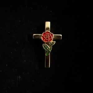 Gold Cross Pin with Red Rose Accent